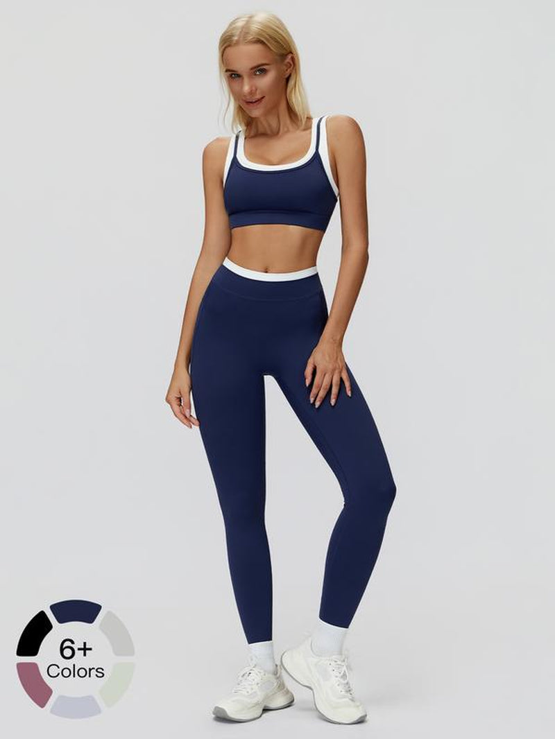 Women'S Two-Piece Colorblock Yoga Set, High-Waisted Ribbed Casual Fitness Sportswear, Versatile Gym Workout, Yoga Tracksuit Set