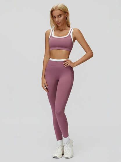 Women'S Two-Piece Colorblock Yoga Set, High-Waisted Ribbed Casual Fitness Sportswear, Versatile Gym Workout, Yoga Tracksuit Set