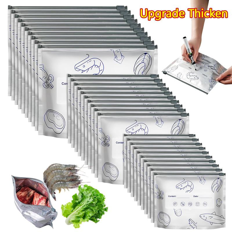 【Refrigerated Food】Reusable Aluminum Foil Sealable Storage Bags, 2025 New Resealable Vacuum Zipper Pouches for Food, Stand up Foil Sealable Bags with Label and Zip Lock for Vegetable Fruit Meat