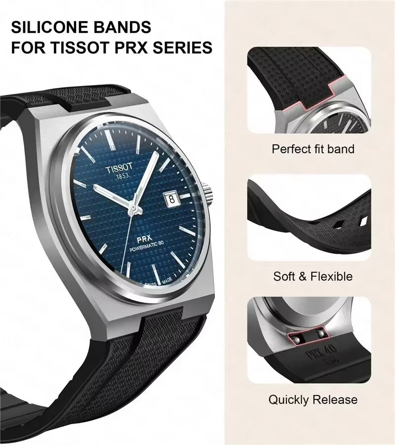 For Tissot PRX T137.407/T137.410 Quick Release Silicone Strap Super Player 40Mm Men Convex Rubber Watch Band Bracelet 12Mm