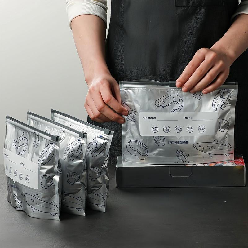 【Refrigerated Food】Reusable Aluminum Foil Sealable Storage Bags, 2025 New Resealable Vacuum Zipper Pouches for Food, Stand up Foil Sealable Bags with Label and Zip Lock for Vegetable Fruit Meat