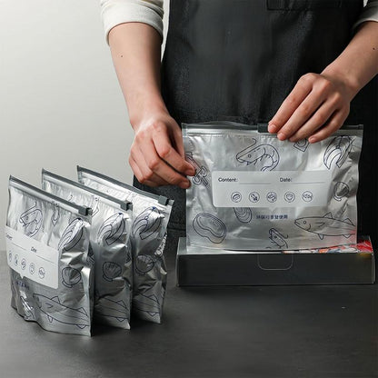 【Refrigerated Food】Reusable Aluminum Foil Sealable Storage Bags, 2025 New Resealable Vacuum Zipper Pouches for Food, Stand up Foil Sealable Bags with Label and Zip Lock for Vegetable Fruit Meat