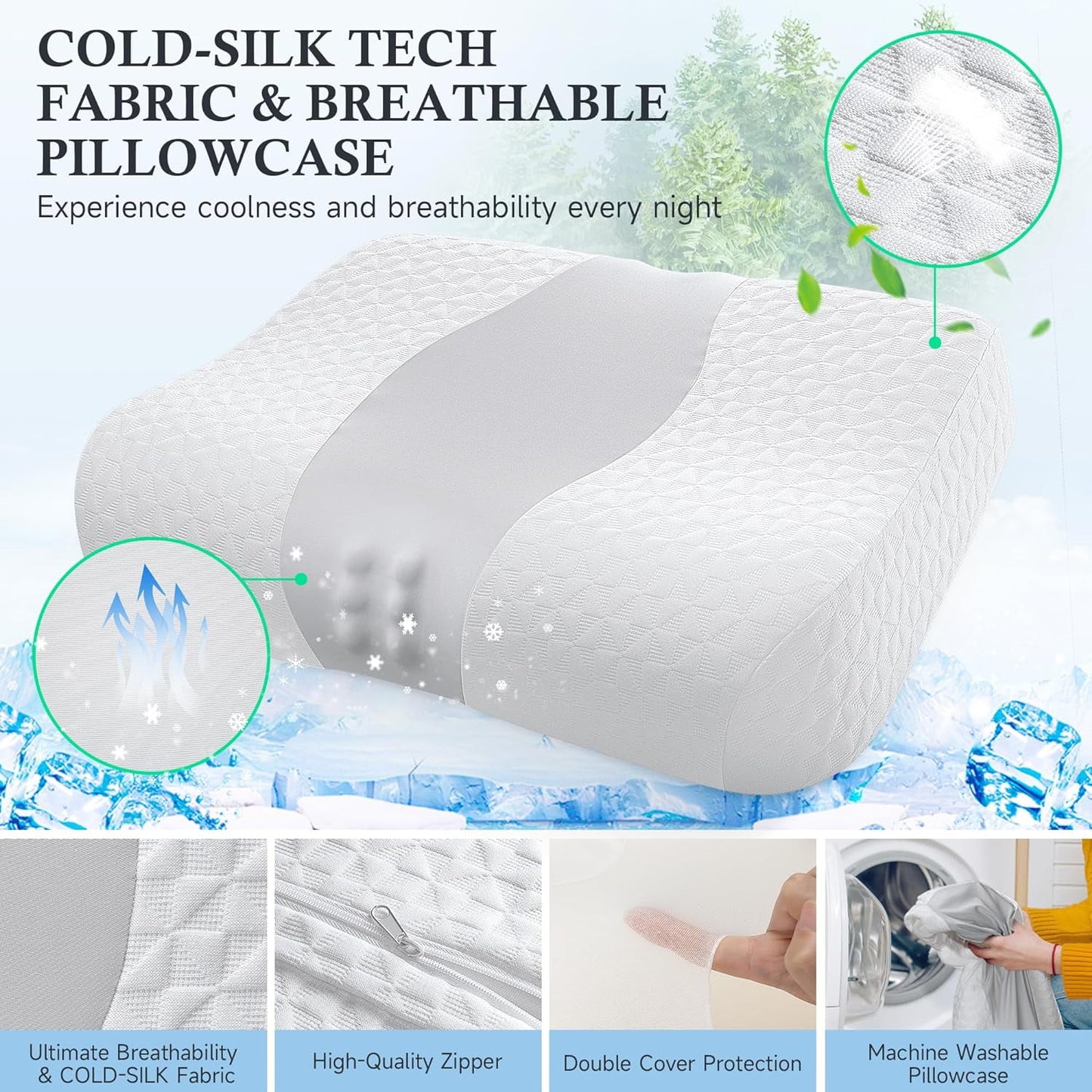 Bed Pillow, Cervical Neck Pillow for Pain Relief, Contour Memory Foam Pillows for Sleeping, Odorless Ergonomic Pillow, Orthopedic Cooling Pillow Bed Pillow Neck Support for Side Stomach Sleepers Grey