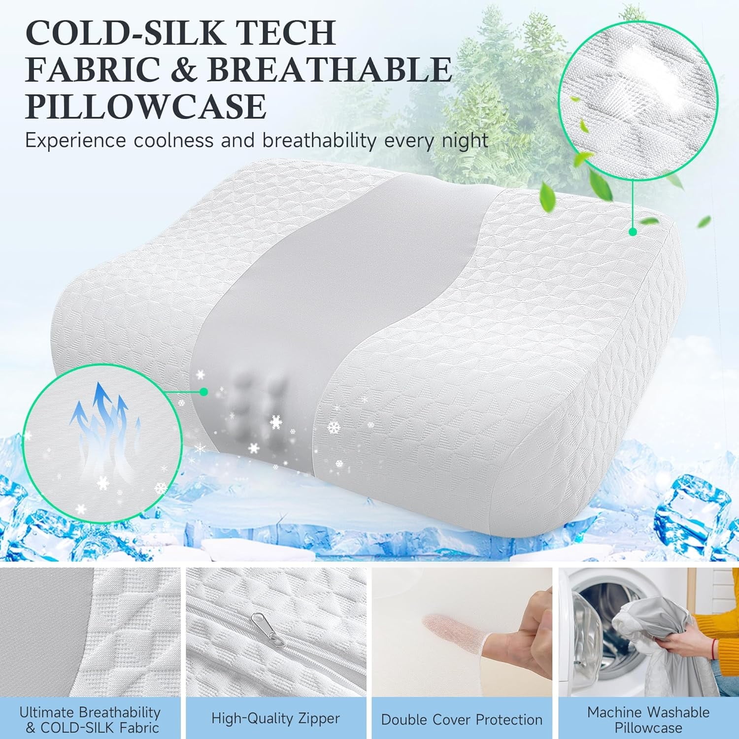 Bed Pillow, Cervical Neck Pillow for Pain Relief, Contour Memory Foam Pillows for Sleeping, Odorless Ergonomic Pillow, Orthopedic Cooling Pillow Bed Pillow Neck Support for Side Stomach Sleepers Grey