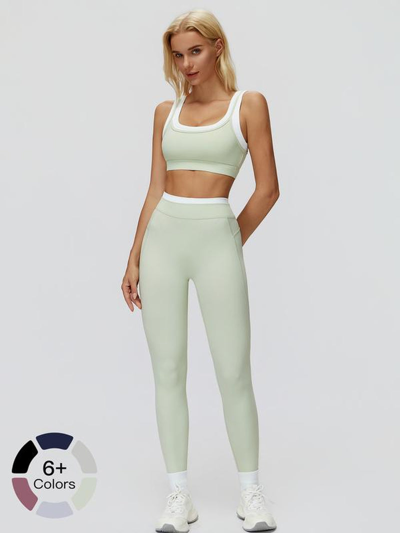 Women'S Two-Piece Colorblock Yoga Set, High-Waisted Ribbed Casual Fitness Sportswear, Versatile Gym Workout, Yoga Tracksuit Set