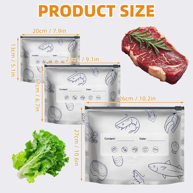 【Refrigerated Food】Reusable Aluminum Foil Sealable Storage Bags, 2025 New Resealable Vacuum Zipper Pouches for Food, Stand up Foil Sealable Bags with Label and Zip Lock for Vegetable Fruit Meat