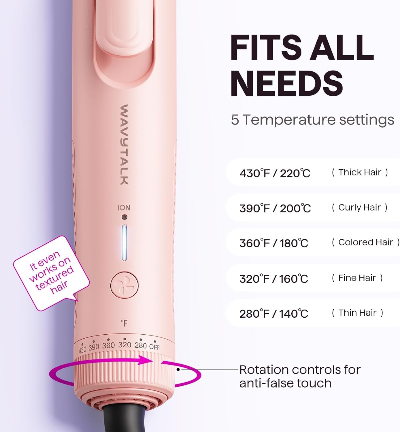 Airflow Styler Curling Iron, Cool Curl, 360° Cool Air Lock in Style for Lasting Curls, Reduces Damage, 2 in 1 Hair Straightener and Curler, 1.25 Inch Anti-Scald for Short Long Hair, Pink