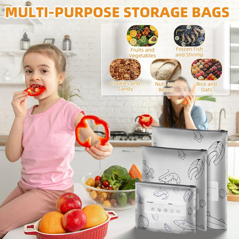 【Refrigerated Food】Reusable Aluminum Foil Sealable Storage Bags, 2025 New Resealable Vacuum Zipper Pouches for Food, Stand up Foil Sealable Bags with Label and Zip Lock for Vegetable Fruit Meat