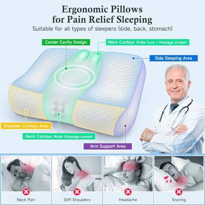 Bed Pillow, Cervical Neck Pillow for Pain Relief, Contour Memory Foam Pillows for Sleeping, Odorless Ergonomic Pillow, Orthopedic Cooling Pillow Bed Pillow Neck Support for Side Stomach Sleepers Grey