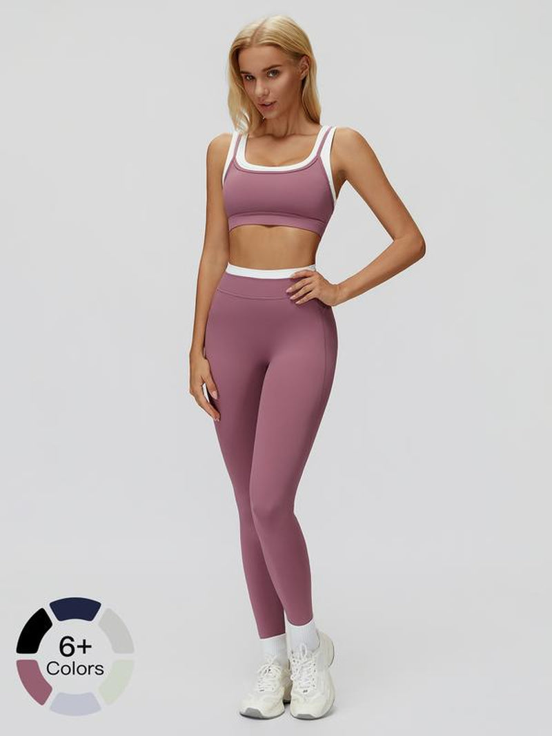 Women'S Two-Piece Colorblock Yoga Set, High-Waisted Ribbed Casual Fitness Sportswear, Versatile Gym Workout, Yoga Tracksuit Set