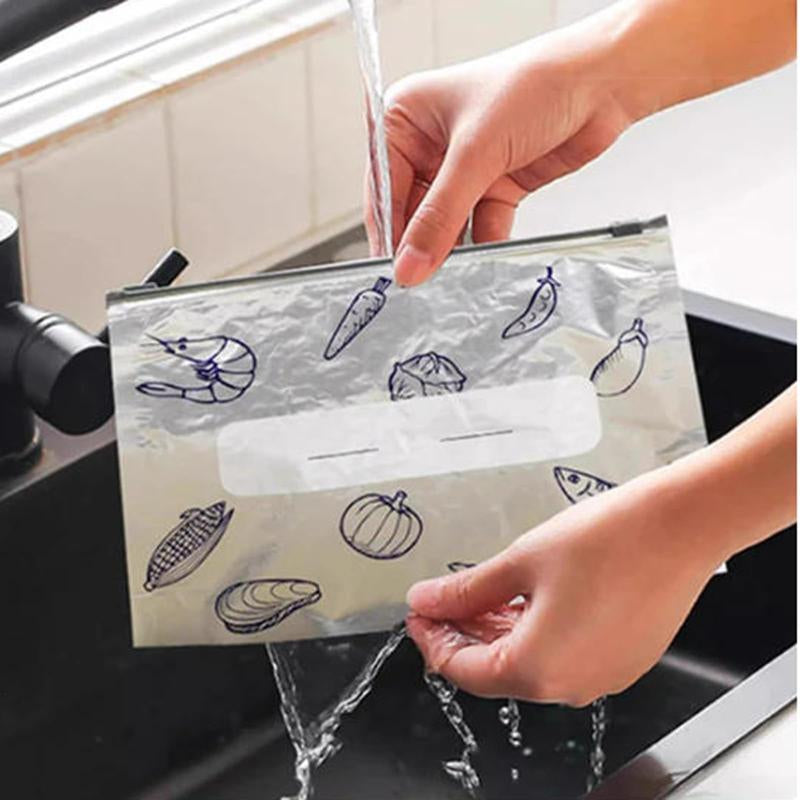 【Refrigerated Food】Reusable Aluminum Foil Sealable Storage Bags, 2025 New Resealable Vacuum Zipper Pouches for Food, Stand up Foil Sealable Bags with Label and Zip Lock for Vegetable Fruit Meat