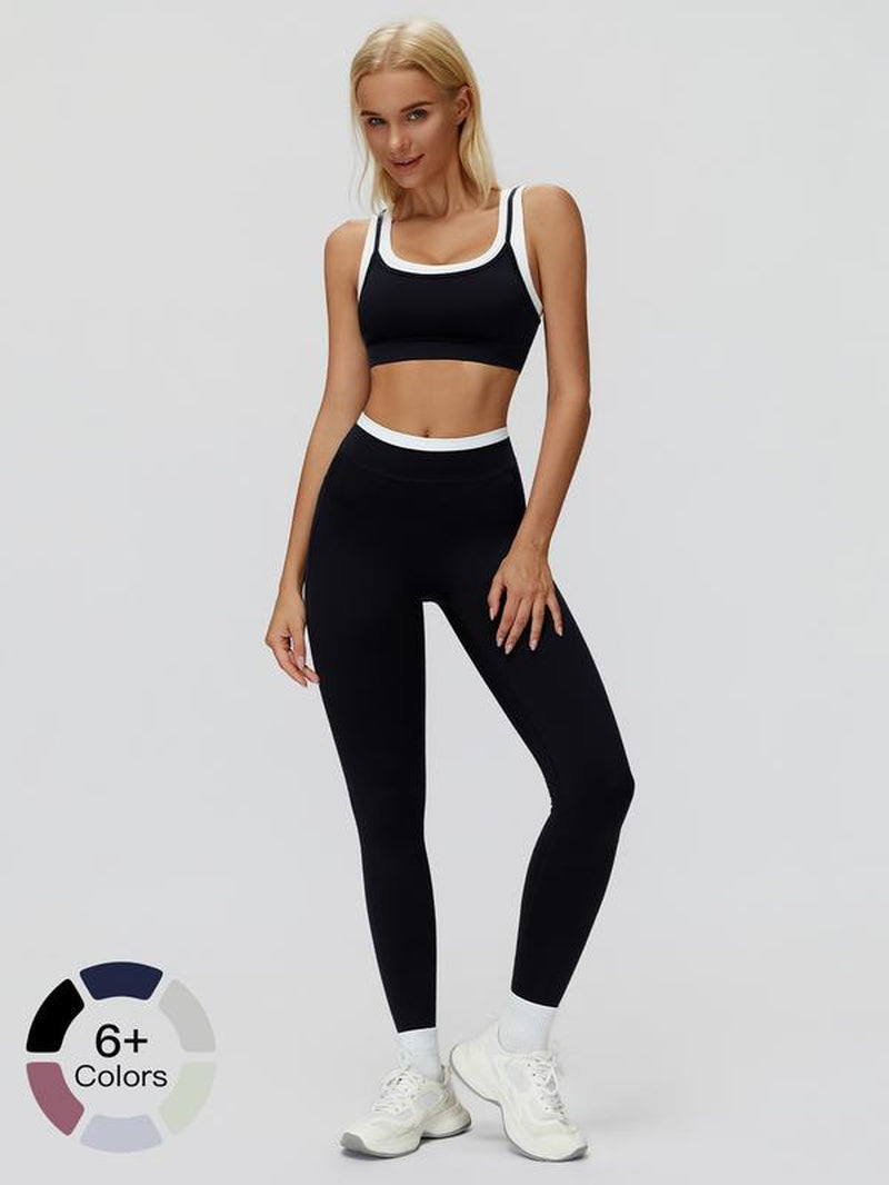 Women'S Two-Piece Colorblock Yoga Set, High-Waisted Ribbed Casual Fitness Sportswear, Versatile Gym Workout, Yoga Tracksuit Set